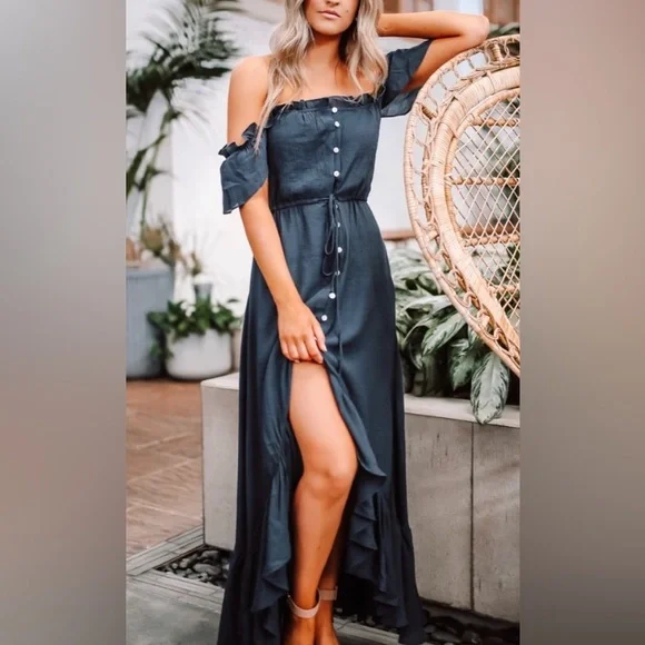 Magnolia Boutique Off The Shoulder Button Down High Low Maxi Dress, Navy, Small - Picture 4 of 9